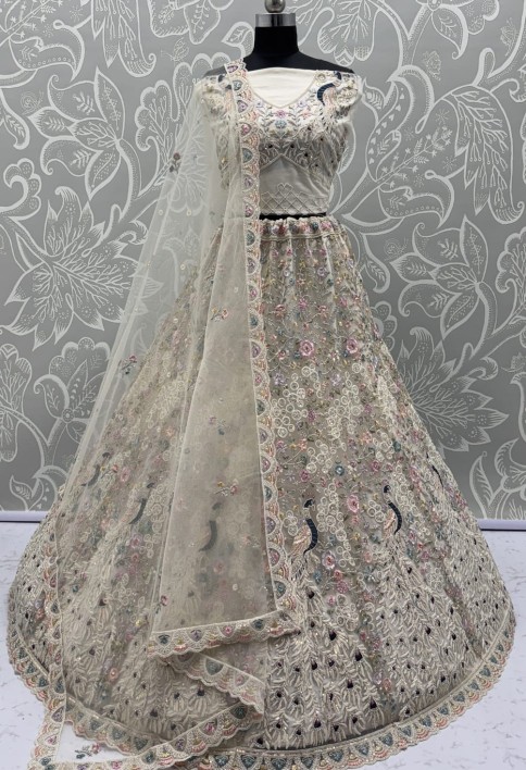 Stunning Peacock White Embroidered Crafted Partywear Lehenga Choli with dupatta and blouse 